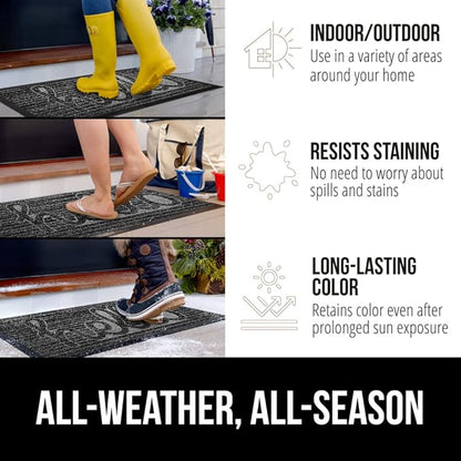 GORILLA GRIP 100% Waterproof All-Season WeatherMax Doormat, US Designed Natural Rubber, Stain and Fade Resistant, Low Profile Indoor Outdoor Door Mats, Easy Clean Patio Mat, 17x29, Charcoal Hello