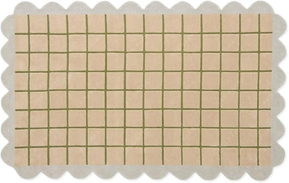 Scalloped Border Wool Area Rug with Windowpane Grid, Hand-Tufted, Beige-Blush with Sage Lines & Light Purple Edge - Soft High-Low Pile for Living Room, Bedroom, Nursery - 5x7 Ft
