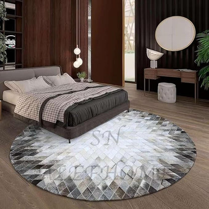 Cowhide Hairon Leather Round Rug, Geometric Patterned Circle Carpet for Living Room, Bedroom, Hall, Brown, 5×5ft