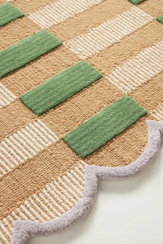 Handmade Scalloped Wool Area Rug - Modern Geometric Pattern, Green-Beige Stripes, Checkered Chevron Design - Soft, Durable Thick Carpet for Living Room, Bedroom (Green, 8' x 10')