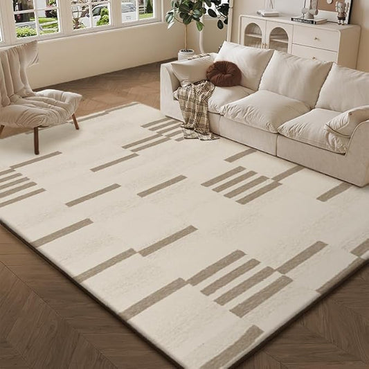8X10 Washable Area Rug for Living Room,Machine Washable,Non-Slip Indoor Carpet, Soft Vintage Bedroom Rug, Stain Resistant & Home Decor, Brown Lines