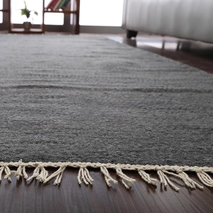 Rugsotic Carpets Hand Woven Flat Weave Kilim Wool ECO-Friendly Area Rugs - 8'x8', Square Shape, Charcoal Color, Solid Plain Design, Low Pile Handmade Area Rugs for Living Room, Bed Room (D00111)