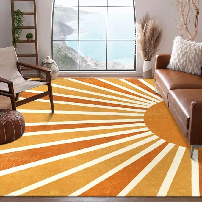 Lahome Boho Machine Washable Area Rugs - 6x9 Rug for Living Room Non-Slip Large Rug Lightweight Throw Soft Bedroom Carpet, Sun Print Abstract Ultra-Thin Indoor Rug for Classroom Nursery Dining Room