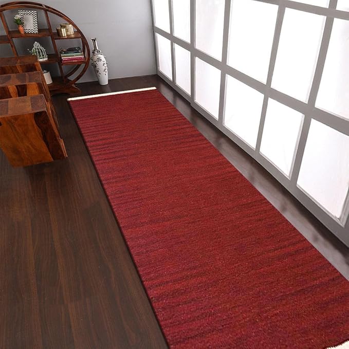 Rugsotic Carpets Hand Woven Flat Weave Kilim Wool ECO-Friendly Area Rugs - 2'6"x8', Runner Shape, Burgundy Color, Solid Plain Design, Low Pile Handmade Rugs for Living Room, Bed Room (D00111)