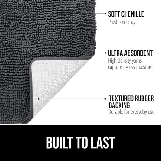 GORILLA GRIP Bath Rug Mat 60x24, Soft Absorbent Chenille, Quick Dry Microfiber Mats, Rubber Backing Washable Shower Floor Rugs, Bathmat Runner, US Designed Bathroom Home Decor Accessories Charcoal