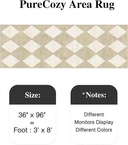3x8 Runner Checkered Rug for Hallways Beige Washable Long Carpet Non-Slip Low Pile Boho Indoor Accent Throw Rug for Entrance Kitchen Bedroom Dining Laundry
