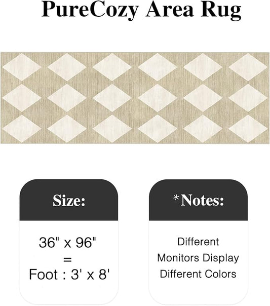 3x8 Runner Checkered Rug for Hallways Beige Washable Long Carpet Non-Slip Low Pile Boho Indoor Accent Throw Rug for Entrance Kitchen Bedroom Dining Laundry