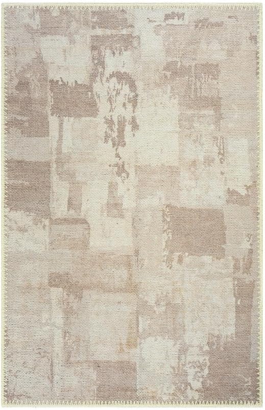 GLN Rugs Contemporary Collection - Machine Washable Area Rug, Contemporary Washable, Non Slip, Low Pile Chenille Rug, Living Room, Bedroom, Kitchen Rug (2' x 3' Abstract Tan)