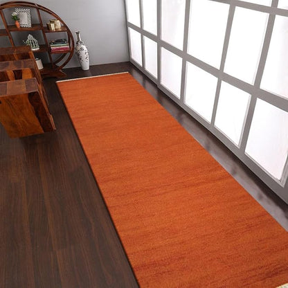 Rugsotic Carpets Hand Woven Flat Weave Kilim Wool ECO-Friendly Area Rugs - 2'6''x12', Runner Shape, Dark Orange Color, Solid Plain Design, Low Pile Handmade Rugs for Living Room (D00111)