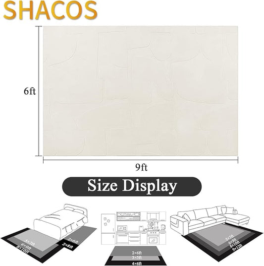 SHACOS Soft Cozy Fluffy Abstract Geometric High Low Pile Area Rugs 6'x9' Non Slip Washable Scandinavian Minimalist Rug Modern Carpet for Living Room Bedroom Dining Room, Cream