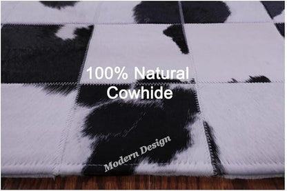 Modern Design Premium Cowhide Leather Carpet with Chevron Pattern, Area Rug (Black/White, 8x10)
