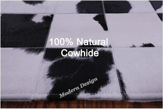 Modern Design Premium Cowhide Leather Carpet with Chevron Pattern, Area Rug (Black/White, 10x14)