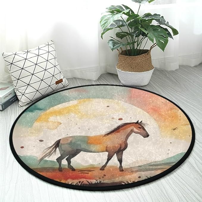 Round Washable Non-Slip Rug for Home & Office Soft Carpet for Living Room, Bedroom & Entryway Indoor/Outdoor Horse Watercolor Design Perfect for Dining Room Rubber Backed & Easy to Clean.