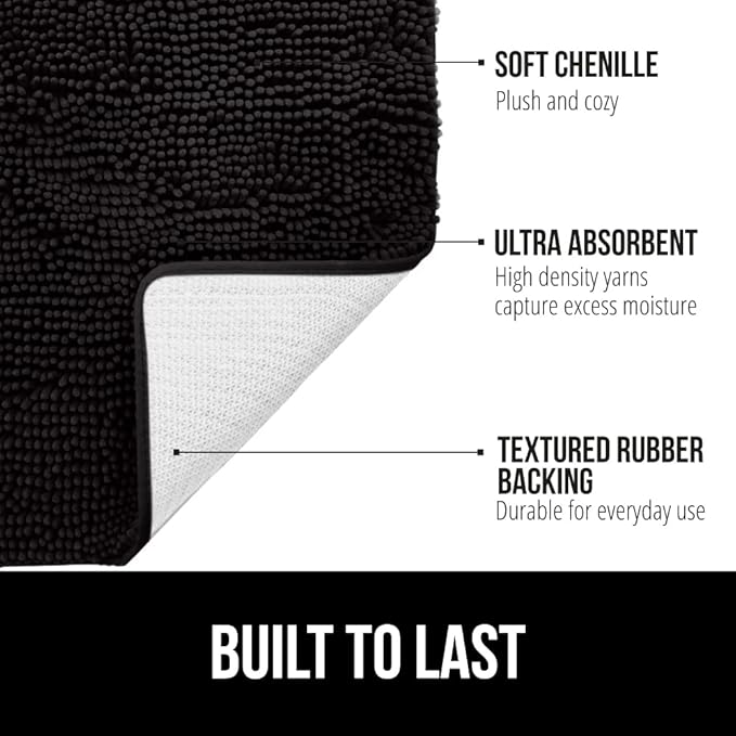 GORILLA GRIP Bath Rug Mat 60x24, Thick Soft Absorbent Chenille, Quick Dry Microfiber Mats, Rubber Backing Washable Shower Floor Rugs, Bathmat Runner, US Designed Bathroom Home Decor Accessories Black