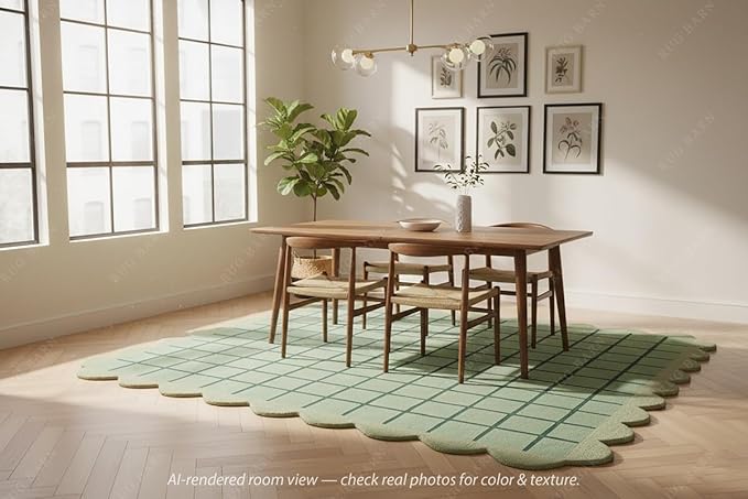 Mint Green Scalloped Edge Wool Area Rug with Checker Grid Design, Hand-Tufted Soft Carpet for Living Room, Bedroom, Nursery, Kids & Playroom Décor - 2.5x10 Ft (Runner)