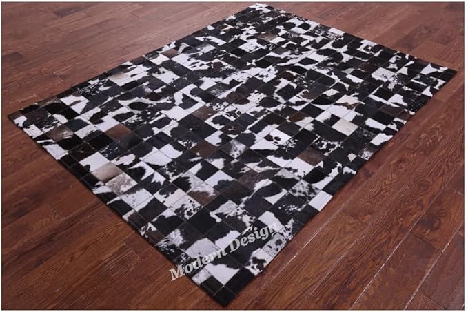 Modern Design Premium Cowhide Leather Carpet with Chevron Pattern, Area Rug (Brown/White-2, 2x3)