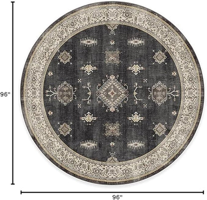 RUGGABLE Washable Vintage Area Rug – Verena Dark Wood 8 ft Round, Stain-Resistant, Non-Slip – Large Machine Washable Rugs for Living Room, Bedroom, Hallway, Entryway & Office–with Standard Pad