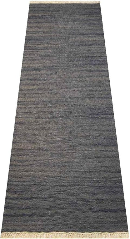 Rugsotic Carpets Hand Woven Flat Weave Kilim Wool ECO-Friendly Area Rugs - 3'x13', Runner Shape, Silver Color, Solid Plain Design, Low Pile Handmade Area Rugs for Living Room, Bed Room (D00111)