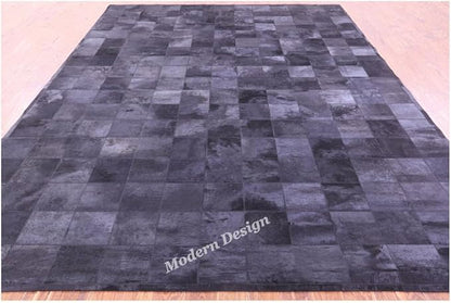 Modern Design Premium Cowhide Leather Carpet with Chevron Pattern, Area Rug (Black, 6x9)