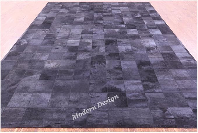 Modern Design Premium Cowhide Leather Carpet with Chevron Pattern, Area Rug (Black, 9'6"x14'0)