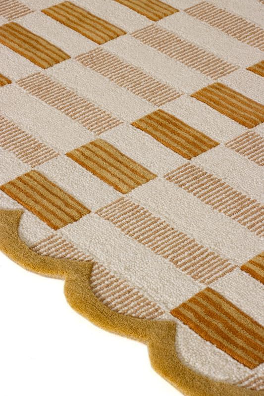 Hand-Tufted Wool Area Rug with Scalloped Edges, Neutral Beige Plaid Pattern, Cozy Soft Accent Rug for Living Room, Bedroom, and Nursery, Handmade Decorative Carpet, 1x1 Ft (Sample)