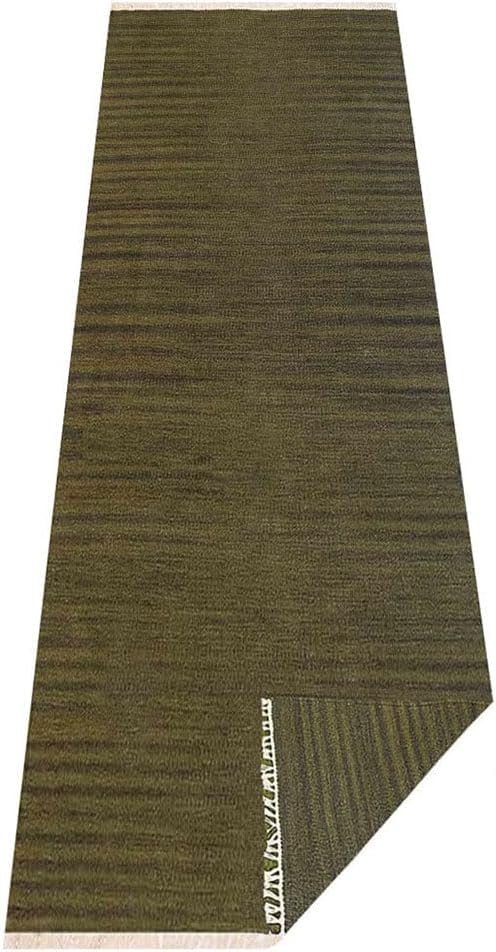 Rugsotic Carpets Hand Woven Flat Weave Kilim Wool ECO-Friendly Area Rugs - 2'6''x12', Runner Shape, Olive Color, Solid Plain Design, Low Pile Handmade Area Rugs for Living Room, Bed Room (D00111)
