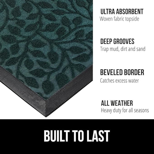 GORILLA GRIP 100% Waterproof All-Season WeatherMax Doormat, US Designed Natural Rubber, Stain and Fade Resistant, Low Profile Indoor Outdoor Door Mats, Easy Clean Patio Mat, 17x29, Moss Vine Leaves