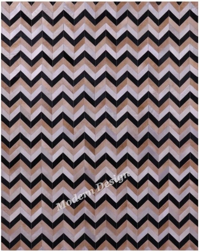 Modern Design Premium Cowhide Leather Carpet with Chevron Pattern, Area Rug (Beige/Black/Grey/Ivory, 9'6"x14'0)
