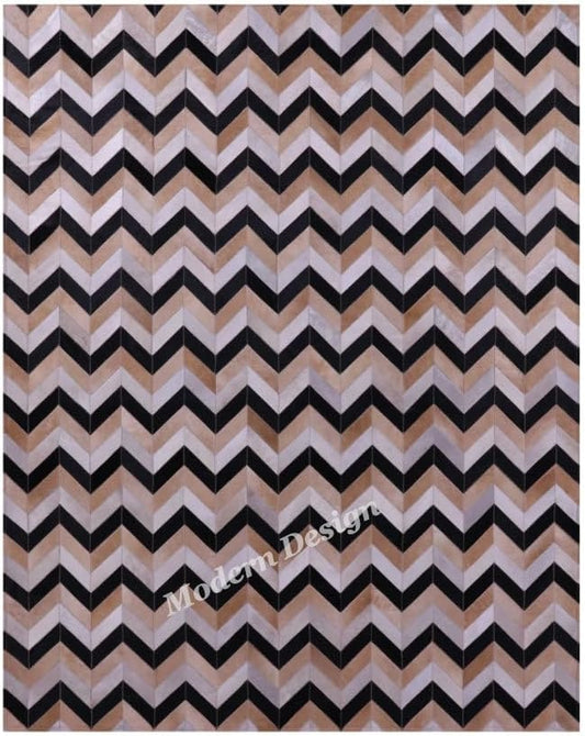 Modern Design Premium Cowhide Leather Carpet with Chevron Pattern, Area Rug (Beige/Black/Grey/Ivory, 9x15)