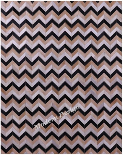 Modern Design Premium Cowhide Leather Carpet with Chevron Pattern, Area Rug (Beige/Black/Grey/Ivory, 3x14)