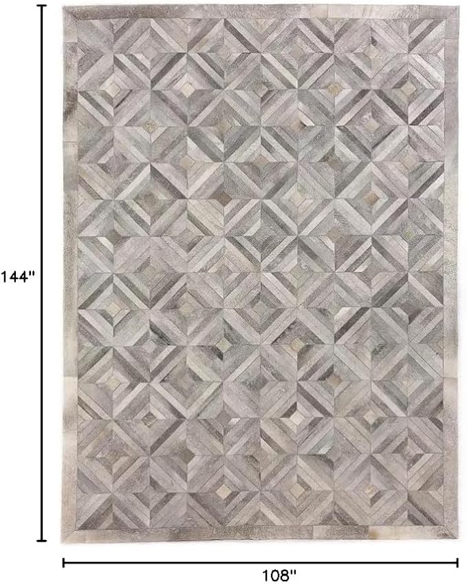 Premium Diamond Pattern Leather Area Rug, Geometric Cowhide Patchwork Carpet - 9X12 ft, Luxury Beige and Grey Non-Slip Floor Accent for Dining Room, Living Room, Hallway