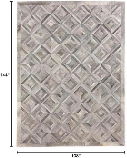 Premium Diamond Pattern Leather Area Rug, Geometric Cowhide Patchwork Carpet - 9X12 ft, Luxury Beige and Grey Non-Slip Floor Accent for Dining Room, Living Room, Hallway