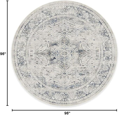 RUGGABLE Washable Vintage Area Rug – Sarrah Blue Quartz 8 ft Round, Stain-Resistant, Non-Slip – Large Machine Washable Rugs for Living Room, Bedroom, Hallway, Entryway & Office–with Standard Pad