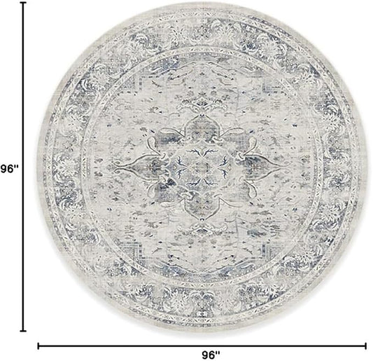 RUGGABLE Washable Vintage Area Rug – Sarrah Blue Quartz 8 ft Round, Stain-Resistant, Non-Slip – Large Machine Washable Rugs for Living Room, Bedroom, Hallway, Entryway & Office–with Standard Pad