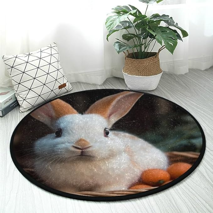 Soft and Cozy 3ft Small Round Rug Non-Slip, Washable Indoor/Outdoor Rug for Home Decor Adorable Bunny Eating Carrot Picnic Basket Print.