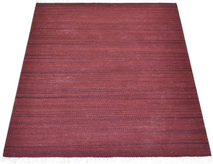 Rugsotic Carpets Hand Woven Flat Weave Kilim Wool 3'x5' Area Rug Solid Dark Red D00111
