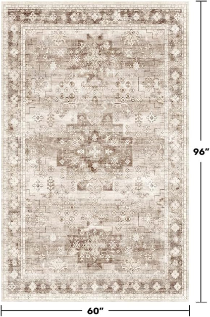 Washable Neutral Farmhouse Living Room Rug, 5x8 Area Rugs for Bedroom Under Bed, Nursery Room, Boho Vintage Floral Non-Slip Rug Low Pile Stain Resistant (5x8 Beige/Latte)