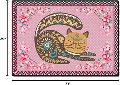 Cartoon Animal Pattern Area Rug Cute Cat Luxury Floral Decor for Carpet Farmhouse Bedroom Living Room Rugs Bathroom Kitchen Runner Mat Indoor Outdoor Non Slip Doormat 3.2' X 6.5'
