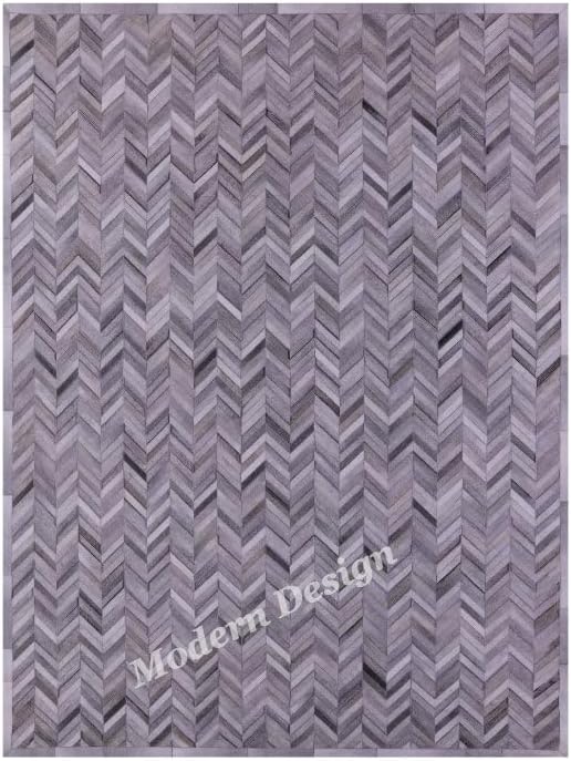 Modern Design Premium Cowhide Leather Carpet with Chevron Pattern, Area Rug (Natural Multi Grey, 9x12)