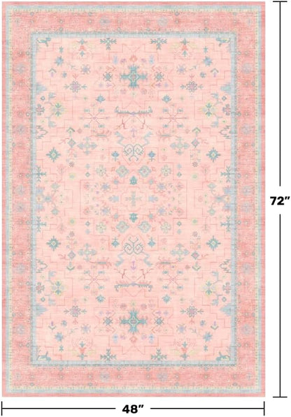 Nursery Area Rug 4x6 - Pink Rugs for Girls Bedroom, Living Room - Washable Low Pile Non-Slip Charming Boho Vintage Traditional Oushak Design, Perfect for Kids Rooms
