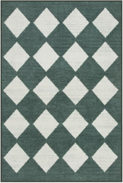 Lahome Checkered Washable 2x3 Green Kitchen Rugs Non Slip, Small Printed Indoor Door Mat for Entryway, Moroccan Trellis Ultra-Thin Throw Carpet for Bedroom Entrance Decor (2'x3',Dark Green)