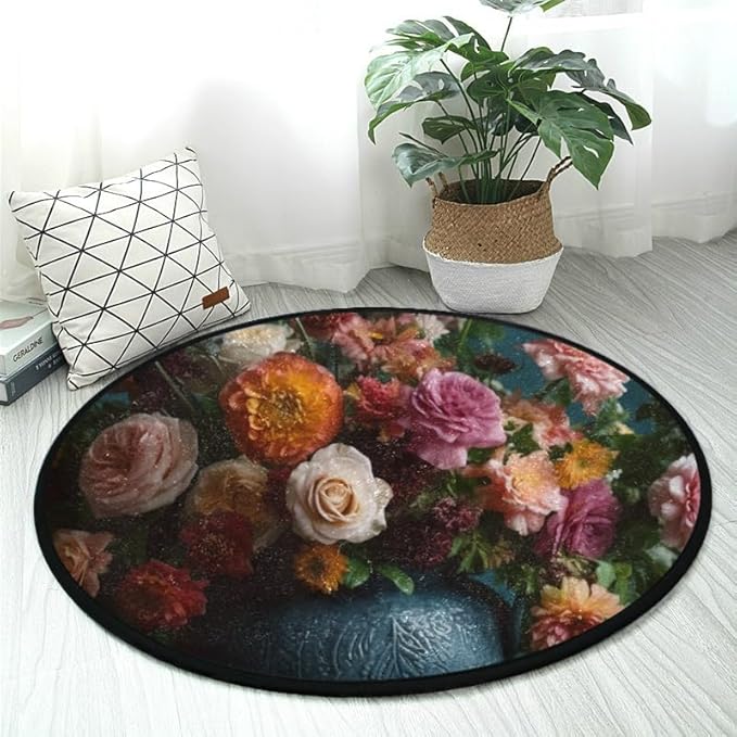 Round Washable Area Rug Non-Slip, Soft & Cozy Beautiful Flower Design Indoor/Outdoor Floor Decor for Living Room, Bedroom, Entryway