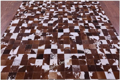 Modern Design Premium Cowhide Leather Carpet with Chevron Pattern, Area Rug (Brwon/White, 9x12)