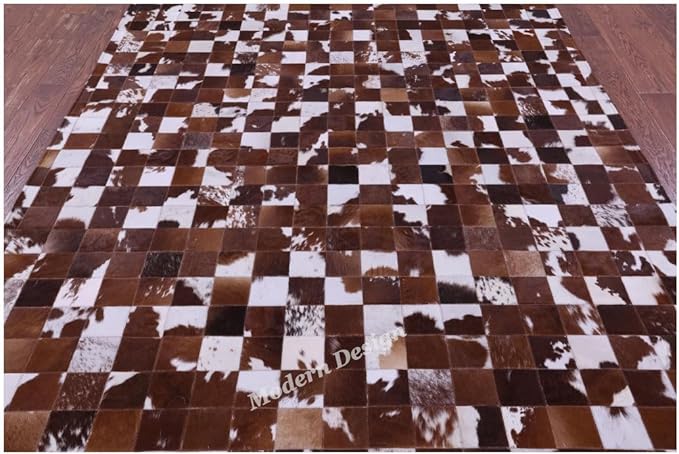 Modern Design Premium Cowhide Leather Carpet with Chevron Pattern, Area Rug (Brwon/White, 3x12)