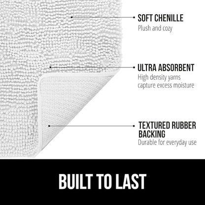 GORILLA GRIP Bath Rug Mat 30x20, Thick Soft Absorbent Chenille, Quick Dry Microfiber Mats, Rubber Backing Washable Shower Floor Rugs, US Designed Bathroom Bathmat Home Decor Accessories, White