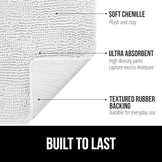 GORILLA GRIP Bath Rug Mat 54x24, Thick Soft Absorbent Chenille, Quick Dry Microfiber Mats, Rubber Backing Washable Shower Floor Rugs, Bathmat Runner, US Designed Bathroom Home Decor Accessories White
