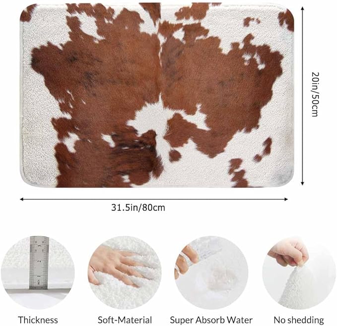 Cowhide Bath Mat for Bathroom Farm Animal Brown Cowhide Print Cow Bath Rugs Door Mat Non Slip Rubber Backed Bathroom Floor Mat for Bathtub Sink Shower 20"X32"