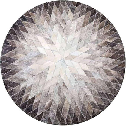 Cowhide Hairon Leather Round Rug, Geometric Patterned Circle Carpet for Living Room, Bedroom, Hall, Brown, 8×8ft