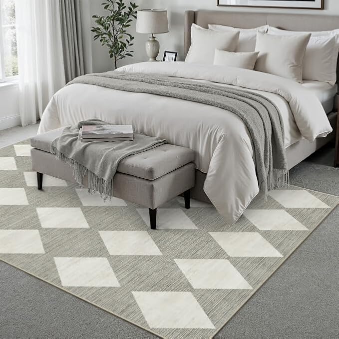 8x10 Checkered Area Rugs for Living Room Grey Machine Washable Large Rug Non-Slip Stain Resistant Low Pile Boho Accent Indoor Throw Carpet for Bedroom Dining Room Home Aesthetic Decor