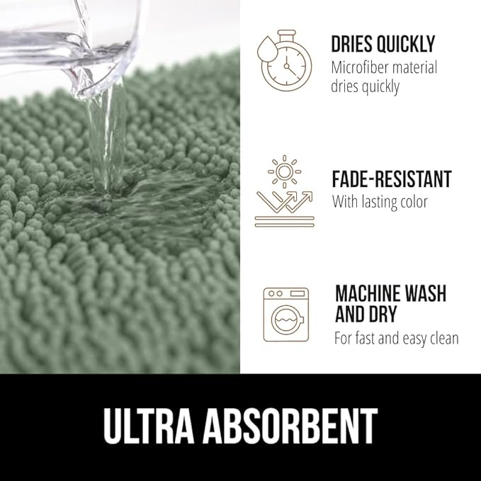 GORILLA GRIP Plush Absorbent Shaggy Chenille Bath Rug Mat for Square Toilet Base with Rubber Backing, Machine Washable Rugs, Soft Microfiber Contour Mats for Toilets, Bathroom Decor, Sage